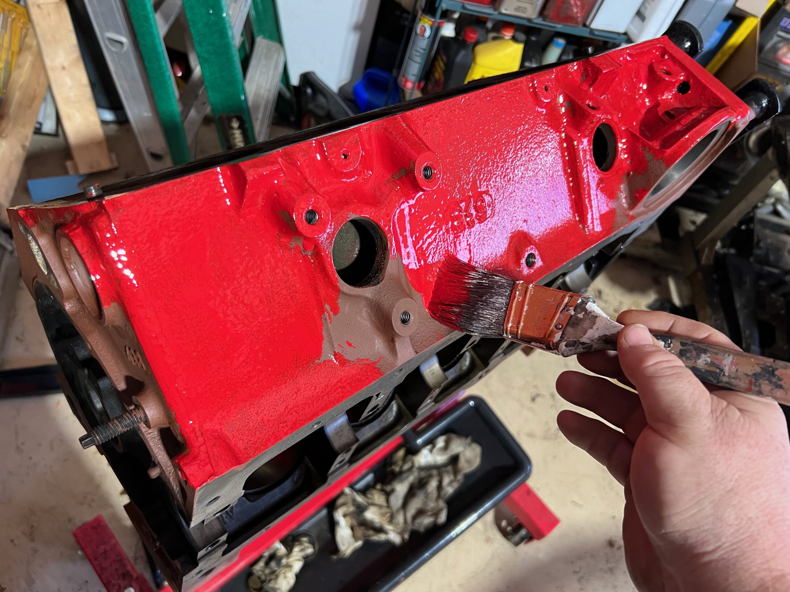 Bare engine block painte with gloss red enamel