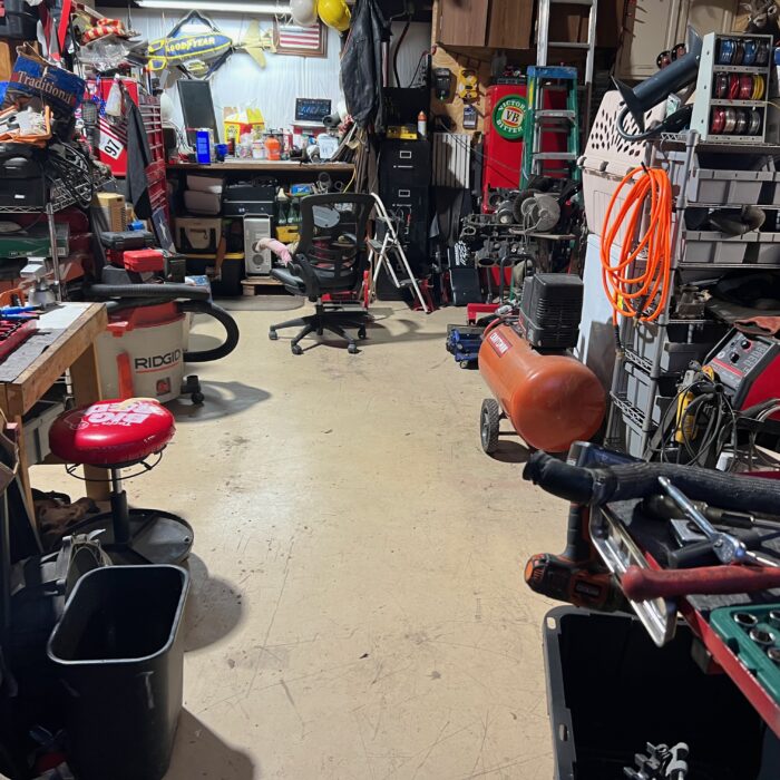 a small clean space in a messy shop