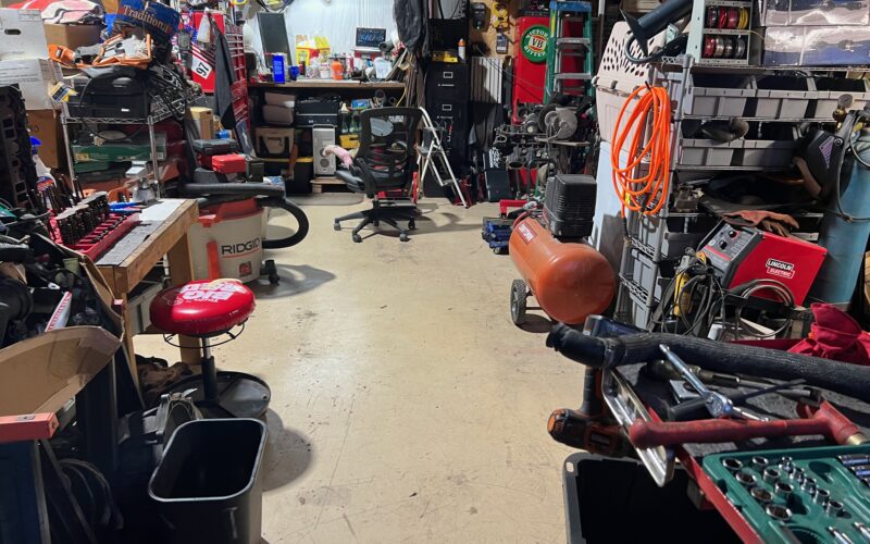 a small clean space in a messy shop