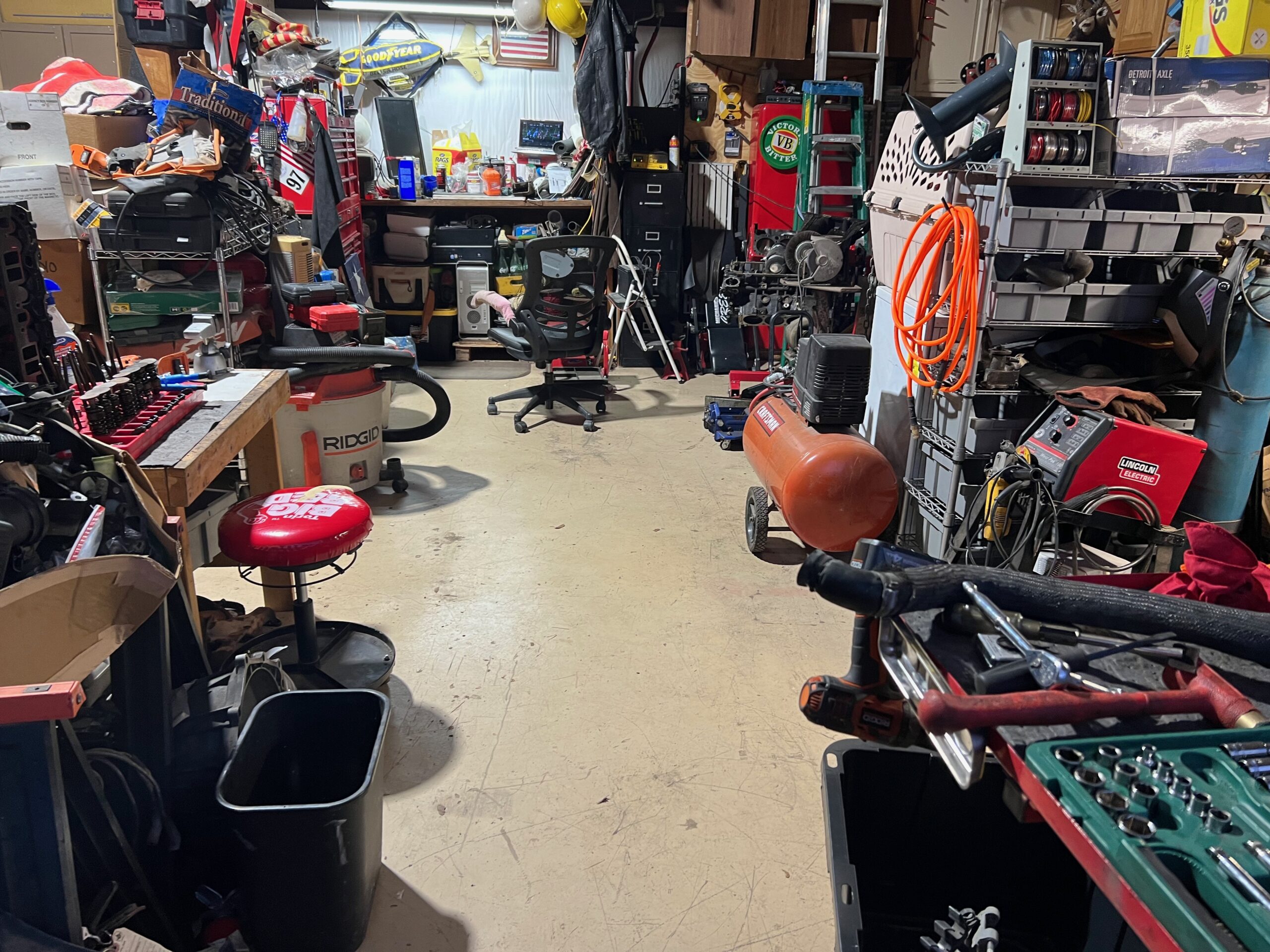 a small clean space in a messy shop